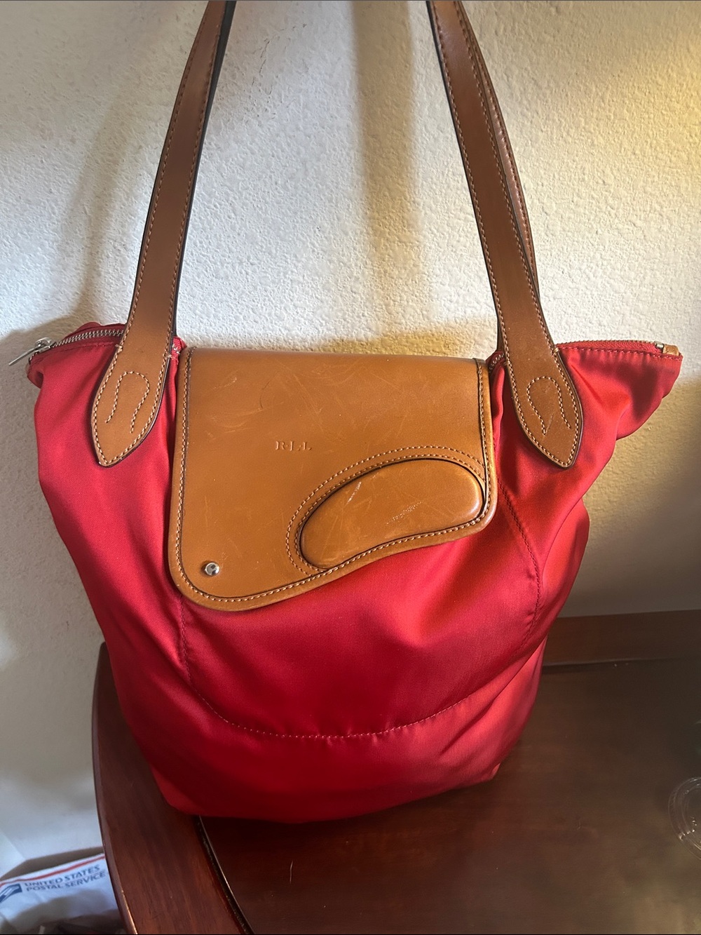 Ralph Lauren Red  Tote Bag with Tan Leather